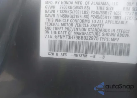 2011 Honda Pilot Ex-L из США, поврежденный, VIN 5FNYF3H79BB022975